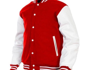 Black Friday Sale Red and White Men's Varsity Baseball Jacket Real Leather Sleeves Wool Letterman Boys Jacket