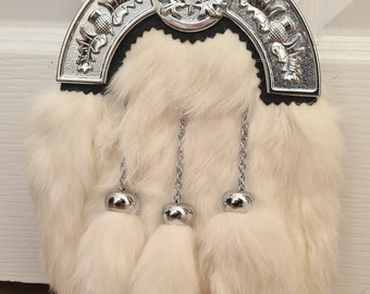 Full Dress Sporran Thistle Cantle, Chrome Finish Fur Sporran with 3 tassels