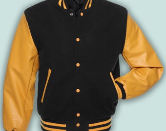 Black and Gold Men's Varsity Baseball Jacket Real Leather Sleeves Wool Letterman Boys Jacket