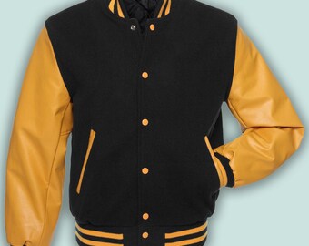 Black and Gold Men's Varsity Baseball Jacket Real Leather Sleeves Wool Letterman Boys Jacket