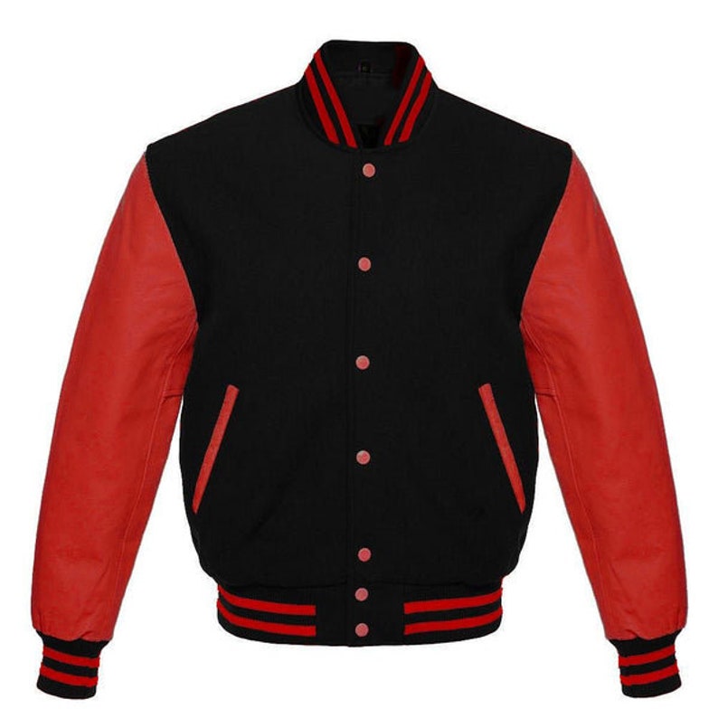 Black Friday Sale Wool Men's Varsity Baseball Jacket Real Leather Sleeves Wool Letterman Boys Jacket Black & Red