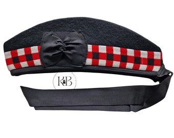 Black, Red, White Diced Scottish Highland Wear Acrylic Wool Traditional  Glengarry Cap beret bonnet / Hat