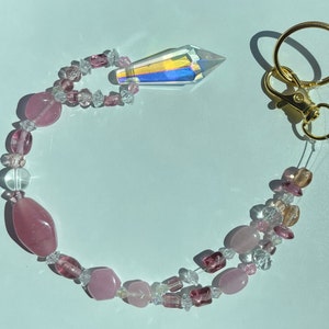 Beaded Suncatcher Rearview Mirror Ornament Pink Clear Crystal Prism Car Charm