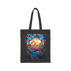 Vidrieras Rosa Flamenco Atardecer Negro 100% Algodón Bolsa de Lona - 15" x 16"