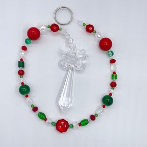 Beaded Christmas Suncatcher Red Green Clear Crystal Prism Hanging Patio Decor Yard Art Tree Jewelry