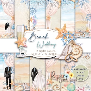 Papel digital de boda en la playa, Papel imprimible elegante junto al mar, Papel de álbum de recortes en la playa, Papelería temática de playa, Gráficos de boda