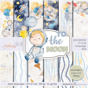 Ruimteaquarel, plakboek voor de babykamer, astronaut aquarel digitaal papierpakket, jongenspatroon, planeten, maan, kleine commercial
