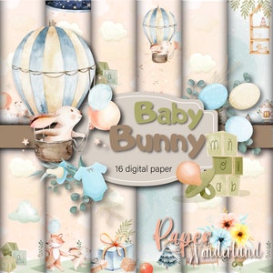 Papier do druku z króliczkiem, Wydruk do scrapbookingu, Cyfrowy papier akwarelowy, Króliczek, Balon powietrzny, Papier cyfrowy z króliczkami, Pastelowy nadruk dla niemowląt