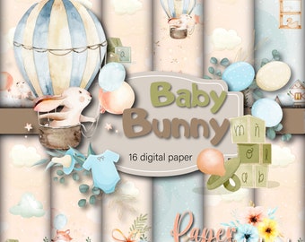 Baby bunny printable paper, Scrapbook Printable, Watercolor digital paper, Bunny, Air balloon, Digital Paper with bunnies, Pastel baby print