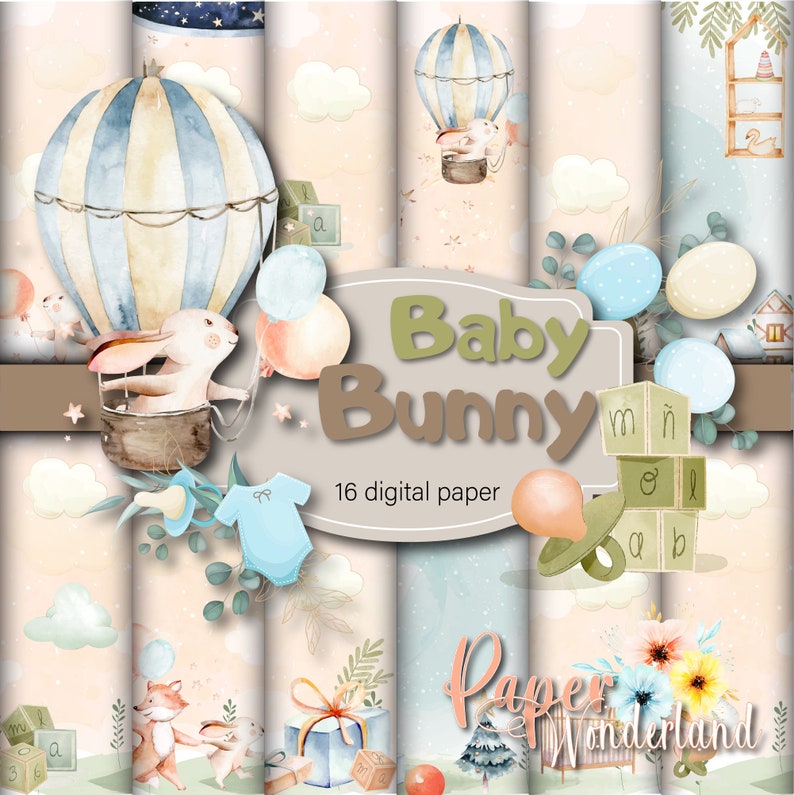 Baby bunny printable paper, Scrapbook Printable, Watercolor digital paper, Bunny, Air balloon, Digital Paper with bunnies, Pastel baby print image 1