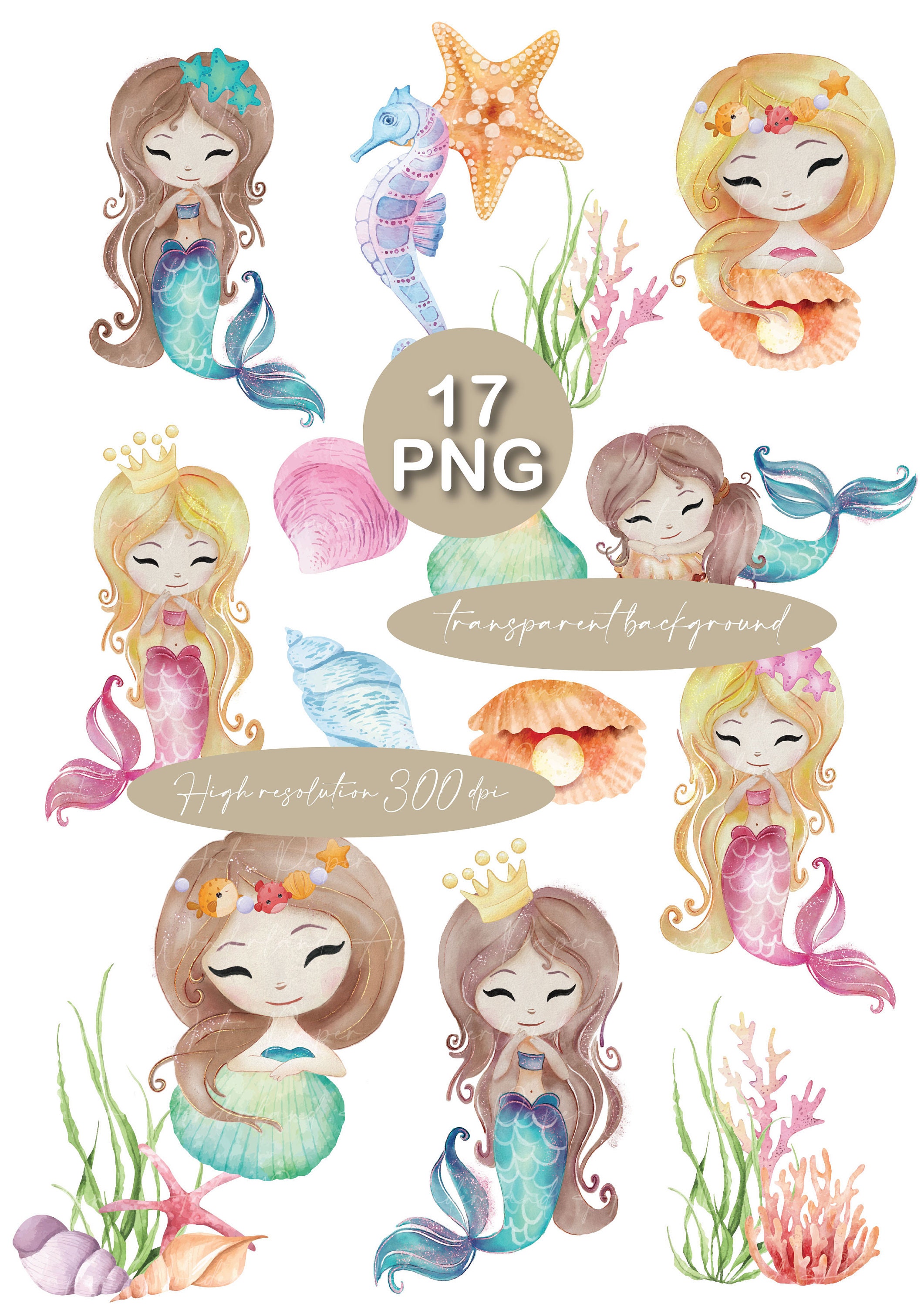 Watercolor Mermaid Clipart Set: 17 PNG Designs (digital Download) - Etsy