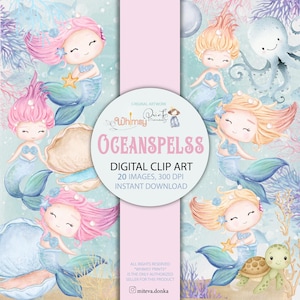 Ocean Spells Clipart Set, Meerjungfrau, Leben im Meer Illustrationen, unter dem Meer PNG, Aquarell Ozean Elemente zum Basteln, Sofort Download