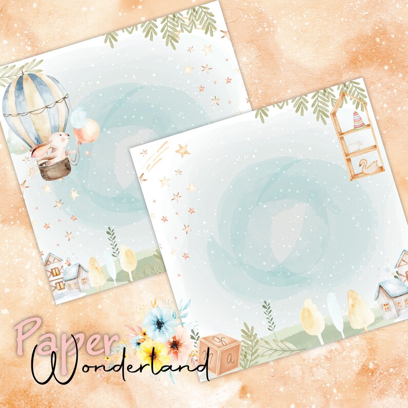 Baby bunny printable paper, Scrapbook Printable, Watercolor digital paper, Bunny, Air balloon, Digital Paper with bunnies, Pastel baby print image 8