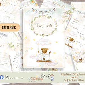 Baby&#39;s First Year Journal, Milestone Book, Nursery Record Book, Baby Boy printable book with Teddy bear,