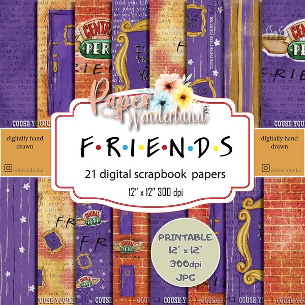 Friends Digital Paper, 90's TV Show Scrapbook Paper pack, Best Friends Backgrounds, Central Perk Digital Paper, Grunge Paper Scrapbook