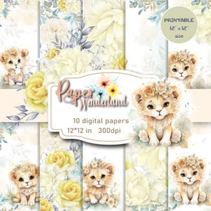 Süße Tierillustrationen, Florale Muster, Babylöwe, Scrapbookingzubehör, weiße Rosen, digitale Löwin mit Blumen, bedruckbares Papier