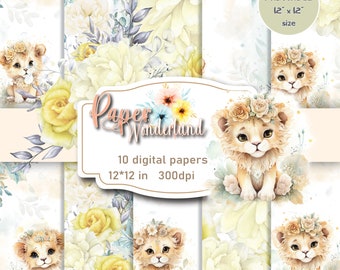 Illustrations d'animaux mignons, Motifs floraux, Bébé lion, Fournitures de scrapbooking, Roses blanches, Lionne numérique avec fleurs, Papier imprimable