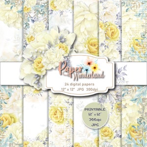Watercolor Yellow Floral Background paper, Spring Watercolor Floral Bouquets Digital set, Scrapbook paper kit, Flowers Bouquet Journa kit