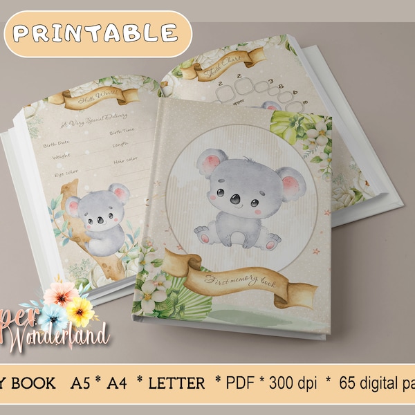 Newborn Nursery Memory Journal, Koala Themed Baby Album, Printable Baby Book, Milestone Book, Koala Baby Keepsake, Infant Memory Diary