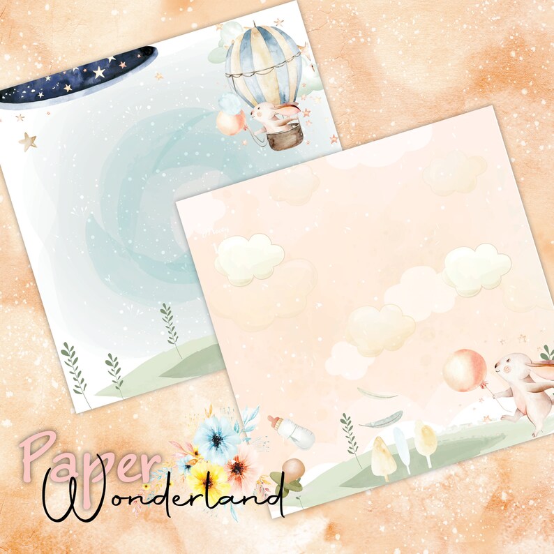 Baby bunny printable paper, Scrapbook Printable, Watercolor digital paper, Bunny, Air balloon, Digital Paper with bunnies, Pastel baby print image 5