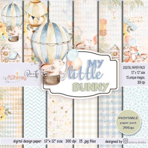 Little Bunny Paper Pack, stampabile per neonati, palloncino, carta digitale per neonati, album di ritagli, motivo pastello, per bambini, sfondo per la cameretta dei bambini