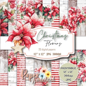 Christmas Digital Paper, Holiday Scrapbook, Rustic Wood, Red Poinsettias, Christmas Printable Paper, Xmas, Winter wonderland paper