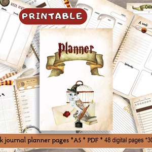 Printable wizard planner pages, daily, monthly, weekly, Wizard school junk journal, A5, Magic School Planner template, Junk Journal pages