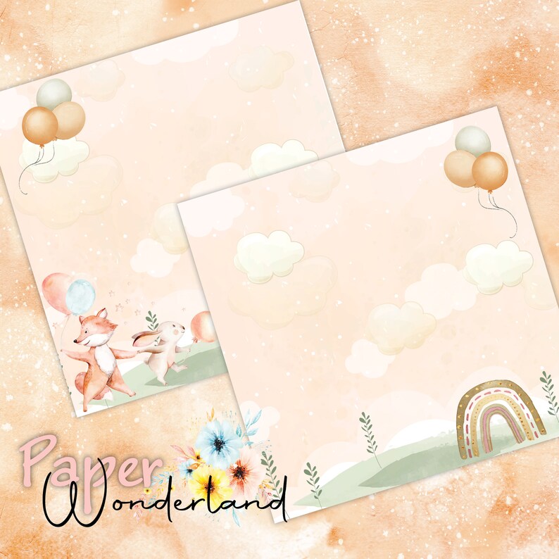 Baby bunny printable paper, Scrapbook Printable, Watercolor digital paper, Bunny, Air balloon, Digital Paper with bunnies, Pastel baby print image 7