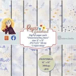 Dreamy Scrapbook Paper printable kit, Digital Blue Background pattern, Magic Sky and Clouds Backgrounds, Whimsical Scrapbooking and Crafts