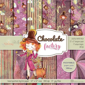 Papel digital de fábrica de chocolate, papel digital extravagante e torto, tema Charlie para impressão, fábrica mágica, fundo de scrapbook de chocolate