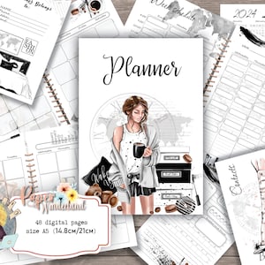 May include: A digital planner with 48 pages in A5 size (14.8cm/21cm). The cover features a stylish illustration of a woman with a cup of coffee, surrounded by a world map and coffee beans. The planner includes sections for weekly schedules, monthly plans, contacts, and notes.