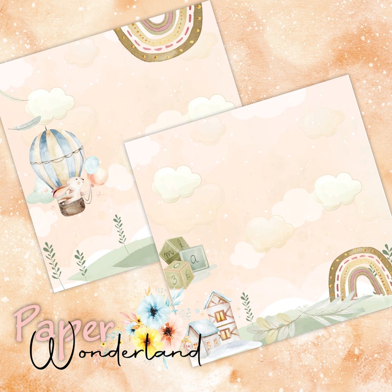 Baby bunny printable paper, Scrapbook Printable, Watercolor digital paper, Bunny, Air balloon, Digital Paper with bunnies, Pastel baby print image 6