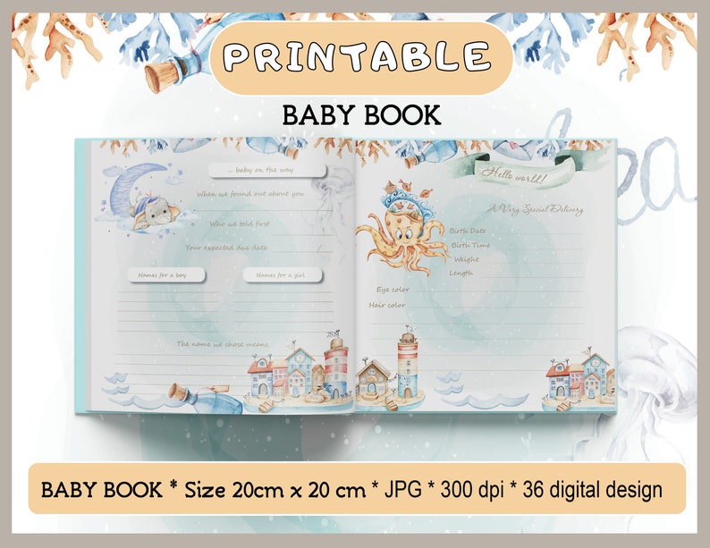 Printable baby Milestone Memory Book, First Year journal, Recording babys scrapbook album, Sailor Boy, Baby boy printable, My 1st Year image 1