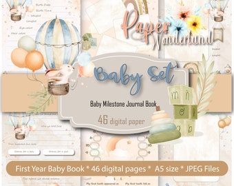 Libro del primer año del bebé, Libro de hitos neutral en cuanto al género, Libro de recuerdos del bebé con conejitos y globos, Diario de recuerdos, Páginas imprimibles del libro del recién nacido