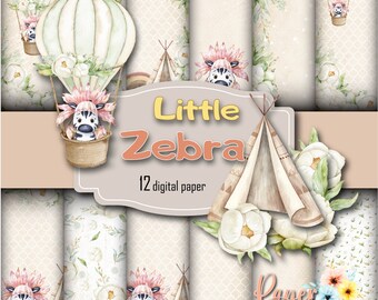 Baby Zebra Adventure Digital Paper Pack, Whimsical Hot Air Balloon and Pastel Flowers, Zebra Illustrations Scrapbook, Instant Download