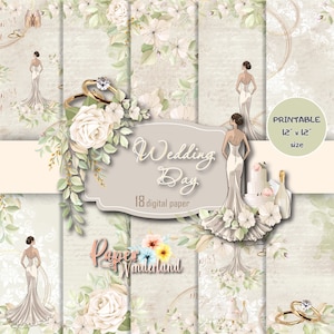 Pacchetto di carta digitale per matrimonio, giorno del matrimonio stampabile, carta da matrimonio artigianale, design verde e oro, carta per album, sposa, motivi floreali