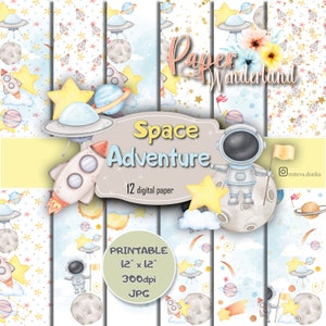 Astronauta bambino, Delizia dei pianeti dell'acquerello, Pacchetto di carta digitale stravagante avventura spaziale, Sfondi per album cosmici, Arte spaziale stampabile