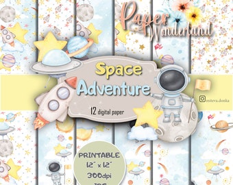 Kind-Astronaut, Aquarell-Planeten-Freude, skurriles Weltraumabenteuer-Digitalpapierpaket, kosmische Scrapbook-Hintergründe, druckbare Weltraumkunst