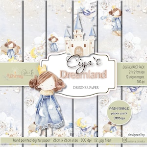 Sfondo di carta digitale Dreamland di Ciya, album della scuola materna, magia dei castelli, bambola acquerello, bambina stampabile, stampa digitale ragazza