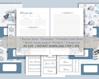 Recipe Card Full Page Fillable Instant Download, Blue Baking Recipe Book Template, Recipe card Editable bakery, Recipe Binder Printable Page