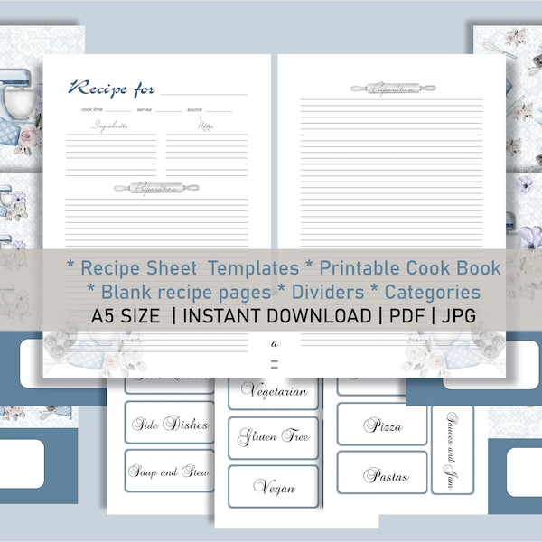 Recipe Card Full Page Fillable Instant Download, Blue Baking Recipe Book Template, Recipe card Editable bakery, Recipe Binder Printable Page