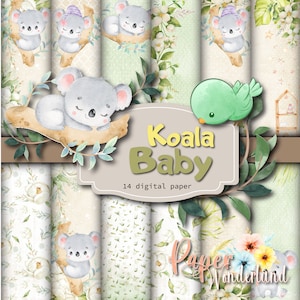 Koala Baby Digital Paper Background, carta scrapbook stampabile verde menta, Koala, Coala, carta acquerello menta Scrapbook, stampe digitali