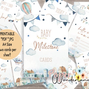 Afdrukbare mijlpaalkaarten voor baby's met vliegtuigen, maandelijkse printables voor jongens met vliegtuigen en ballonnen, babyshowercadeau, rekwisieten baby eerste foto