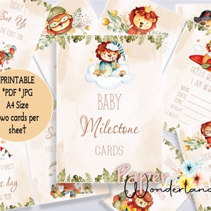 Tarjetas de hitos para bebés, Imprimir en casa, Safari, Selva, Póster de hitos mensuales, Accesorios para fotografías de animales, Regalo de baby shower, Pasos de bebé imprimibles
