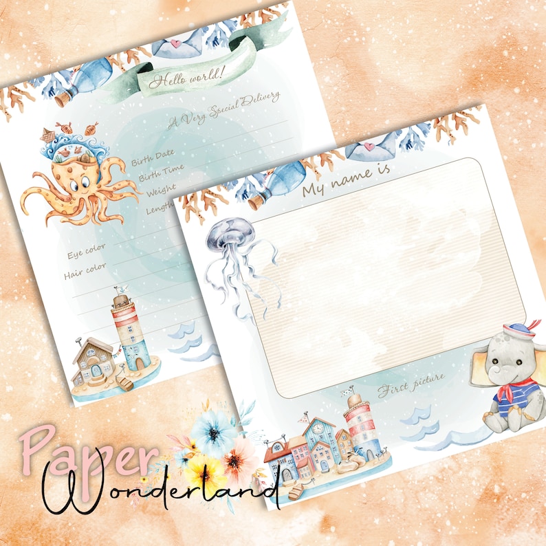 Printable baby Milestone Memory Book, First Year journal, Recording babys scrapbook album, Sailor Boy, Baby boy printable, My 1st Year image 3