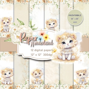 Aquarell Baby Löwe, Cartoon Tier Illustrationen, Baby Mädchen druckbares Papier, Aquarell floraler Hintergrund, Scrapbook Papier Kit,