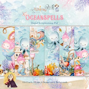 Ocean Spells Digital Paper Pack, Under the Sea Scrapbooking Kit, Cute Mermaid & Octopus Clipart, Ocean Theme Printable Backgrounds
