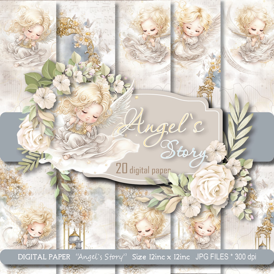 Cute Baby Angels Watercolor Backgrounds, Angel Scrapbooking Paper, Boy