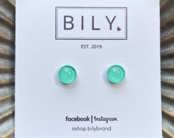 Glass Stud Earrings | Aqua Stud Earrings | Glass Earrings | 8mm Tiny POP DOTS | Teal Stud Earrings