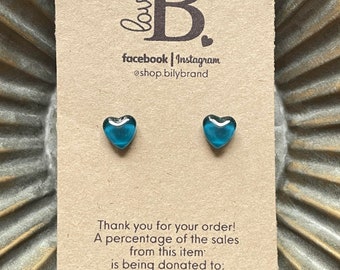 Glass Stud Earrings | Teal Earrings | Glass Earrings | Tiny POP DOTS Hearts MINIS | Teal Heart Earrings | Heart Earrings | Teal Earrings